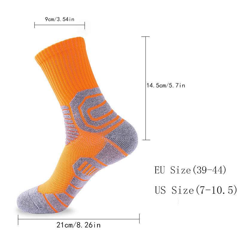 Compression crew running socks in orange and grey, featuring reinforced heel and forefoot, with dimensions for EU size 39-44 and US size 7-10.5.
