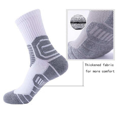 Compression crew running socks with reinforced padding, anti-slip design, and breathable mesh panels for comfort and performance.