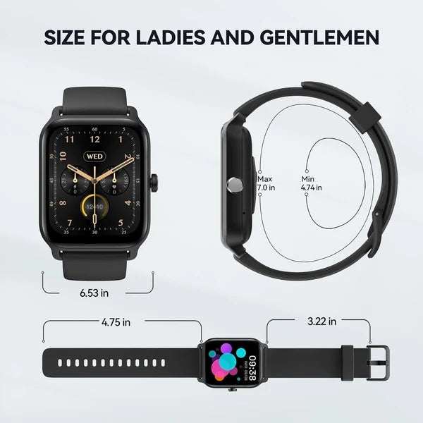 Smart Watch For Men with Alexa, fitness tracker, heart rate monitor, 5ATM waterproof, size details.