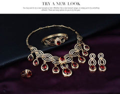 Jewelry Fashion Gems set with necklace, earrings, and ring in 18K gold alloy and rhinestone.