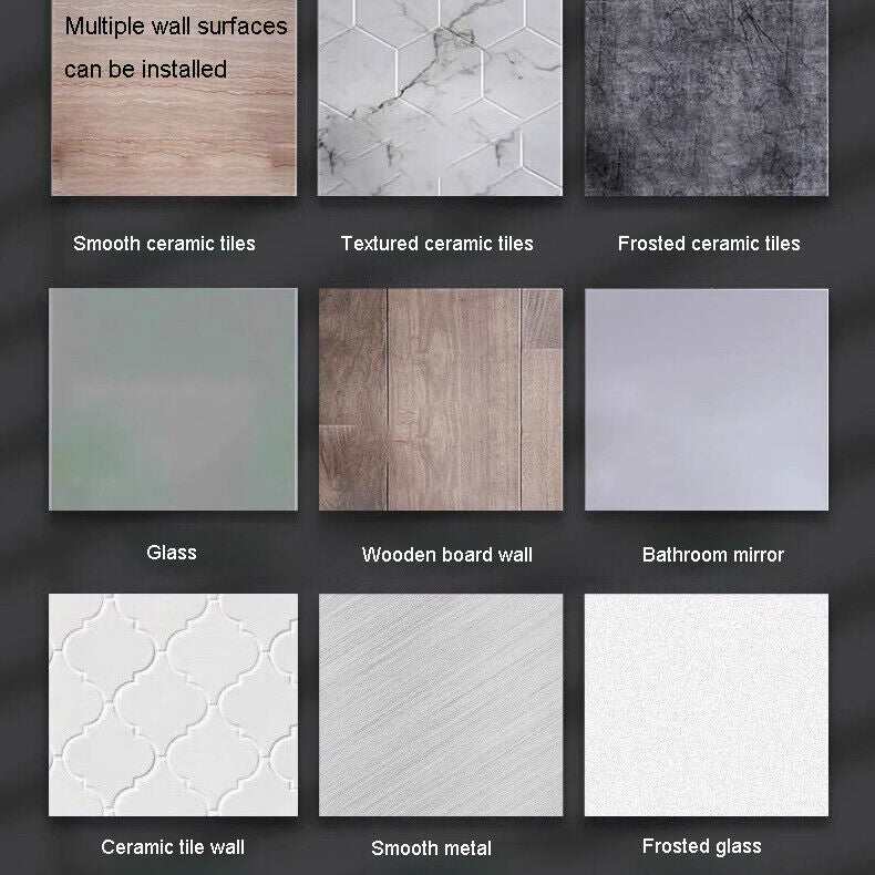 Over door hanger display showing compatibility with various wall surfaces including ceramic tiles, wood, glass, and mirrors.